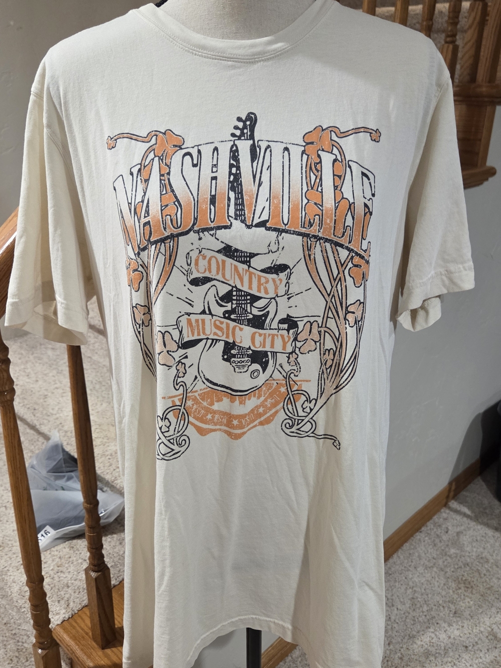 Source Unknown Cream Nashville Graphic Tee with Orange and Black Print